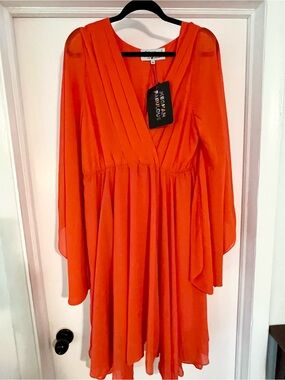 Meghan LA Orange Long-Sleeve V-Neck Chiffon Dress